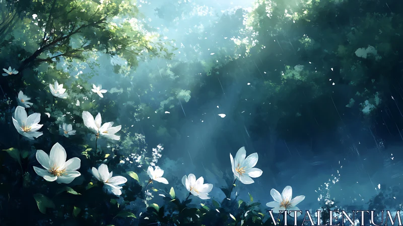 Gentle woodland blossoms soaking in a dreamy blue rain.