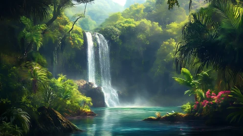 Waterfall descends into forest pool under diffuse daylight