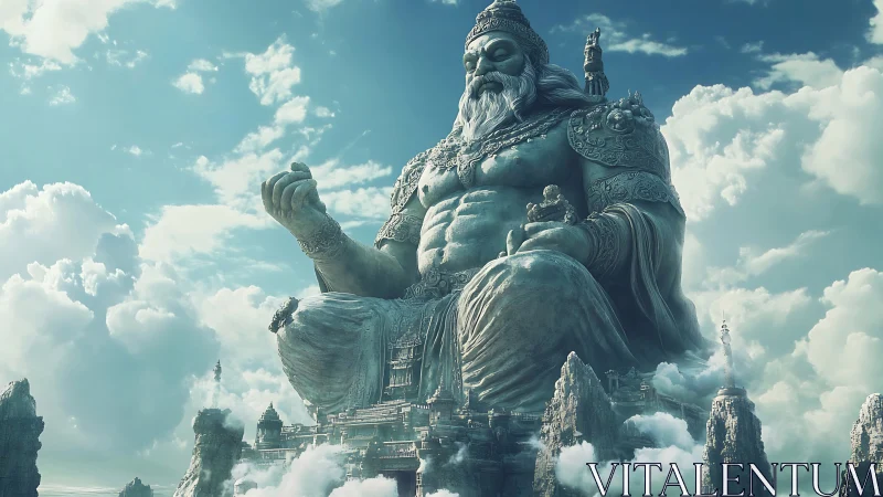 Monumental celestial deity statue in mist-laden mountain citadel.