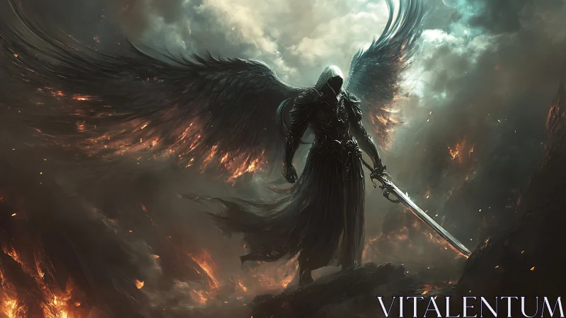 Dark winged war angel in apocalyptic digital painting.