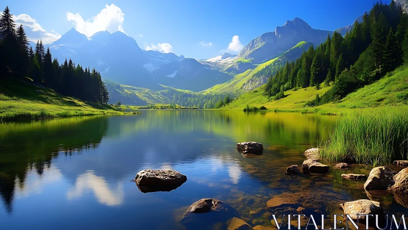 Mountain lake with conifer forest reflection under clear sky.