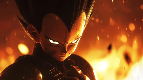 Armored anime warrior close-up amid intense fire glow.