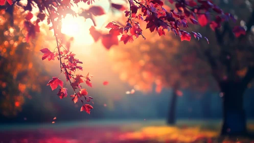 Backlit crimson maple leaves in soft-focus autumn park scene.