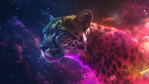 Digital leopard rendered with neon light effects and cosmic background