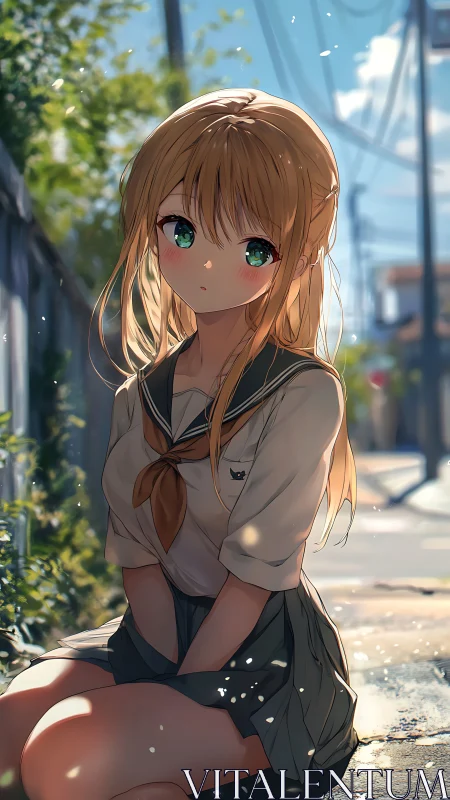 Anime schoolgirl sitting in sunlit alleyway, soft lighting.
