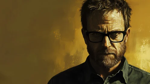 Middle-aged bearded man in glasses against ochre backdrop.