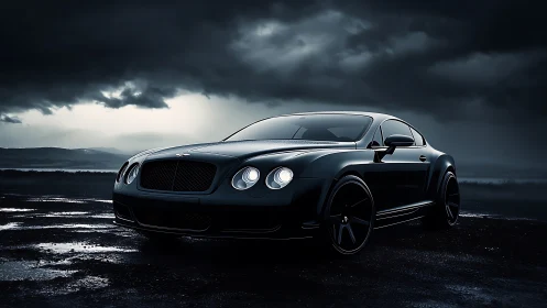 Sleek black coupe glowing softly under a stormy night sky.