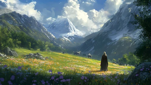 Cloaked wanderer surveys sunlit alpine wildflower valley.