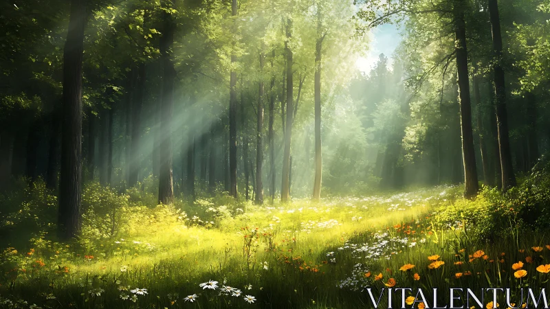 Sunlit forest clearing with wildflowers in a realistic nature style.