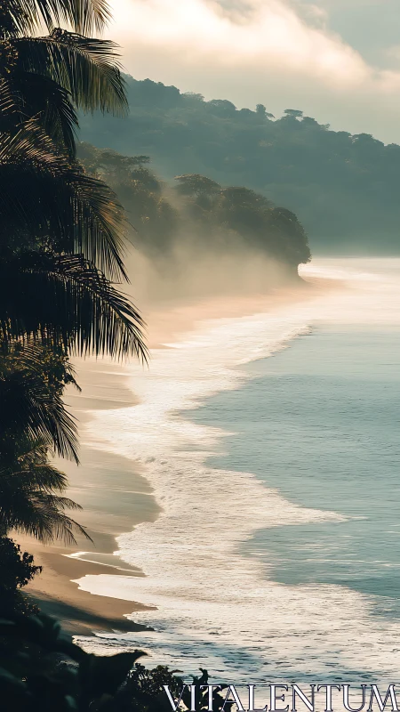 Golden mist rolls along secluded tropical surf line.