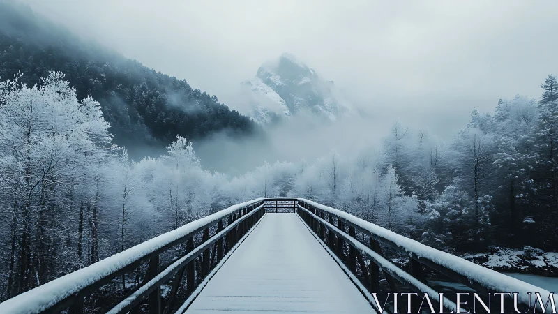 Snow laden bridge leading into misty alpine valley.