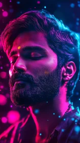 Neon-lit male portrait isolates serene expression in cyber glow