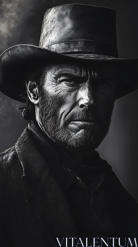 Storm-eyed gunslinger glares through shadow-soaked frontier.