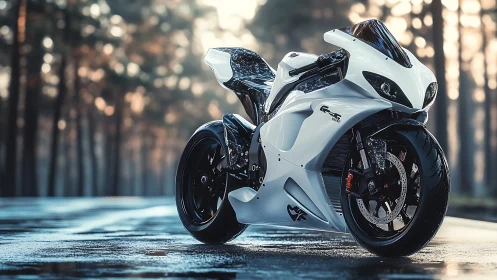 Sleek white superbike waiting on a misty forest road.