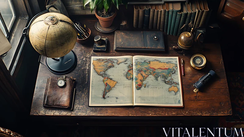 Vintage explorer desk with world map, globe, and journals.