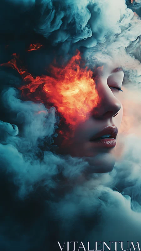 Female face in swirling smoke with vivid inner fire glow.