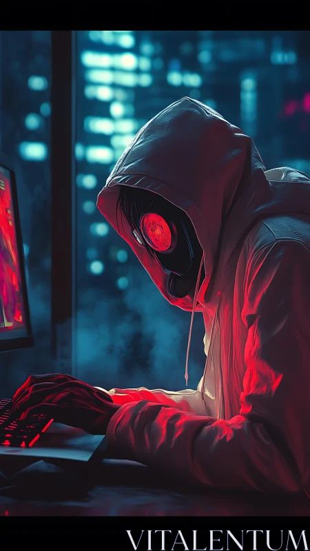Hooded cyber operator types under neon window light