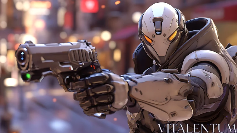 Armored cybernetic operative aims sidearm in shallow depth-of-field urban scene