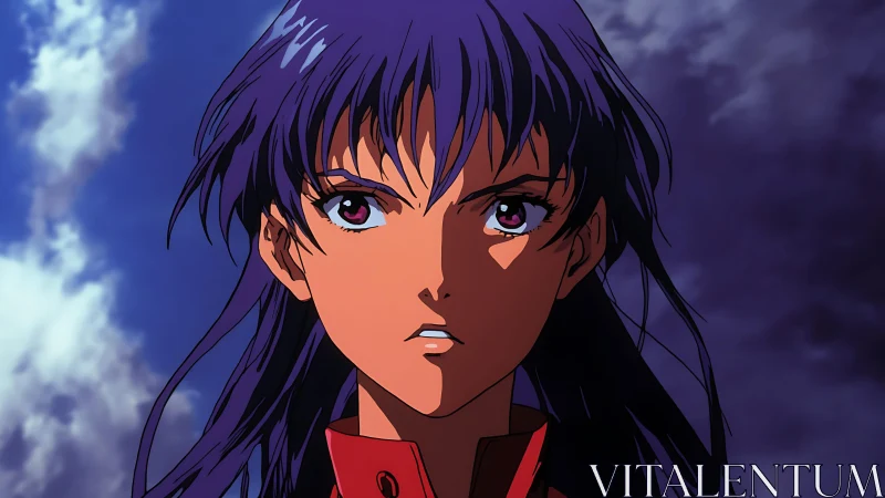 Purple haired anime woman under clouded sky, frontal view.