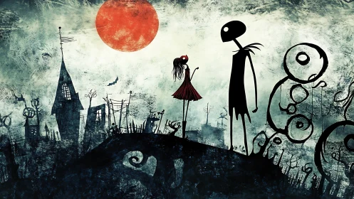 Silhouetted figures in stylized night landscape under red moon.