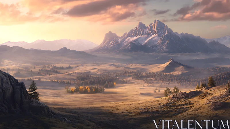 Sunlit alpine valley beneath jagged snowcapped peaks at dusk.