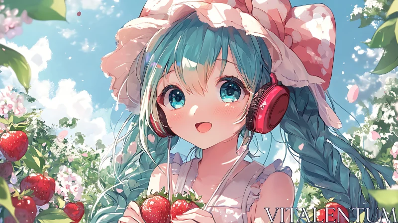 Sunlit strawberry fields with a blue haired daydreamer.