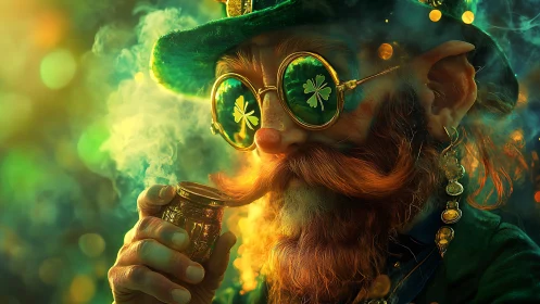Emerald-lit leprechaun portrait in swirling golden smoke.