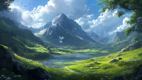 Panoramic alpine valley rendered in luminous digital painting