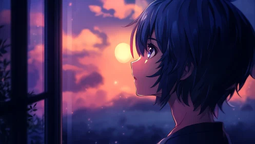 Blue-haired youth watches glowing sunset sky through window