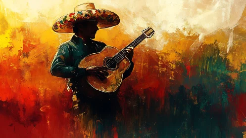 Sunlit sombrero guitarist strums against a fiery dusk canvas.
