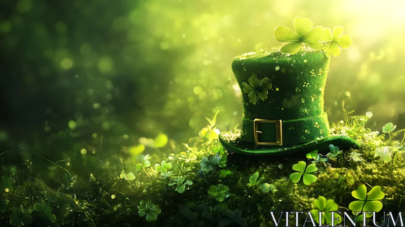 Green top hat with clovers on moss in diffused sunlight.
