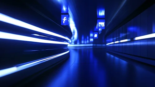 Futuristic blue corridor with social media signage elements.