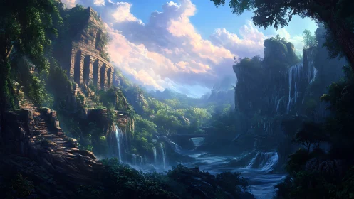 Layered jungle canyon with stepped ruins and volumetric waterfalls