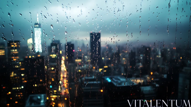 Rain streaks blur a glowing city skyline at blue hour