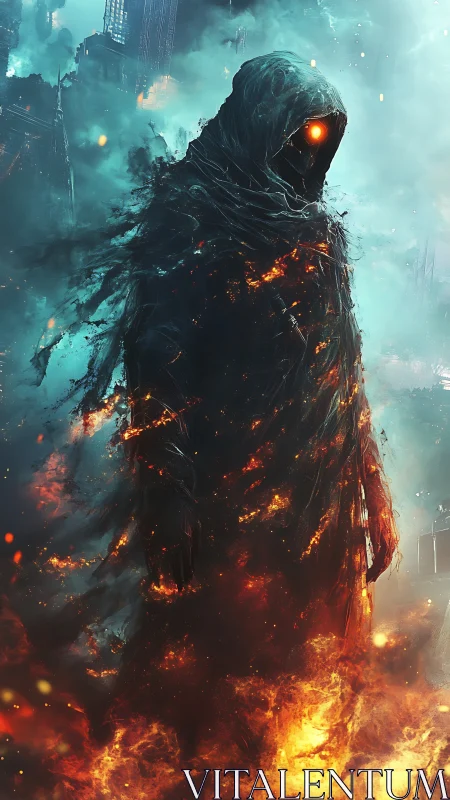 Cloaked infernal wraith in burning fog amid ruined cityscape