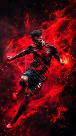 Fiery soccer forward explodes through swirling red flames.