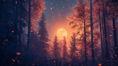 Luminous Harvest Moon Through Enchanted Forest Canopy.