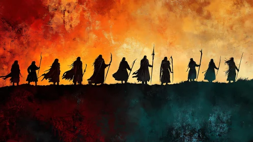 Warriors trek across a burning sky toward an uncertain fate