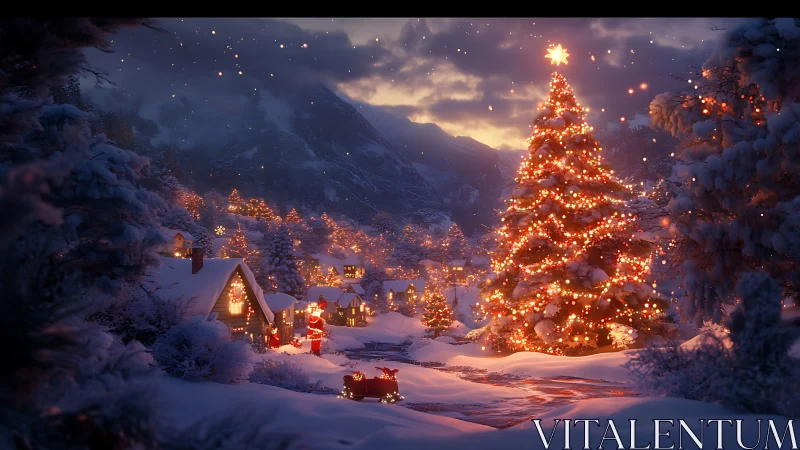 Snowy village Christmas scene with large lit tree at night