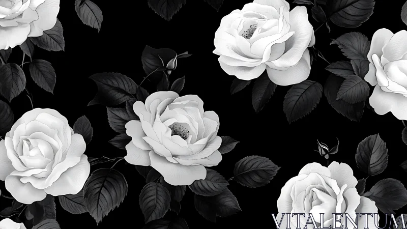 Elegant Black and White Roses in Moonlit Garden.
