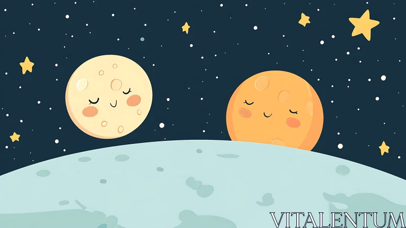Stylized celestial bodies with kawaii facial expressions in orbit