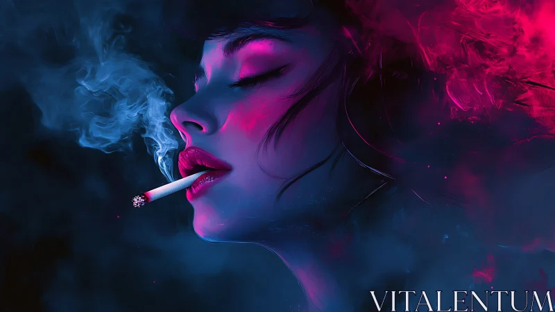 Neon-lit reverie of a smoking siren in electric dusk.