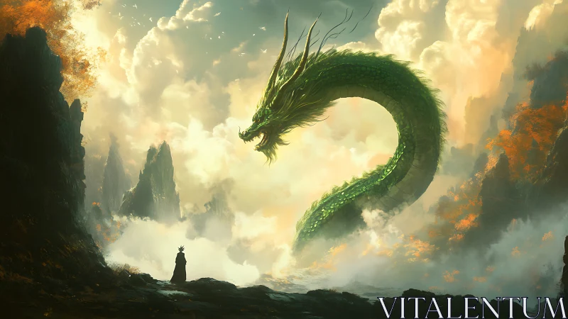 Green dragon confronts lone figure in misty mountain pass.