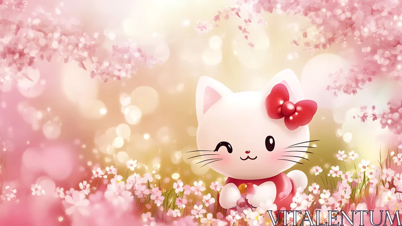 Cute white cartoon cat in pink spring flower field.