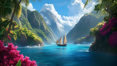 Sailboat in narrow tropical bay between steep green cliffs.