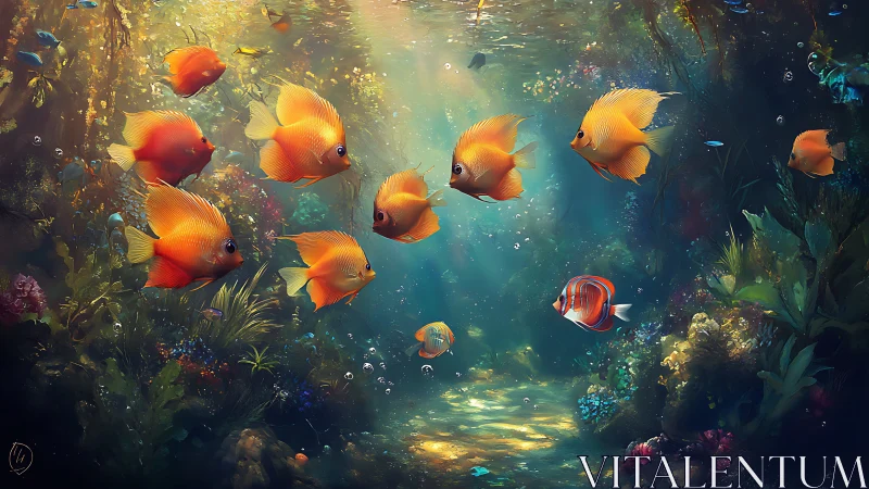 School of orange fish in sunlit underwater reef scene.