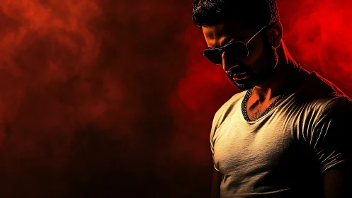 Cinematic low-key portrait in dramatic red side-lighting.