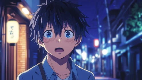 Stunned blue eyed teen in neon lit Japanese alleyway at night