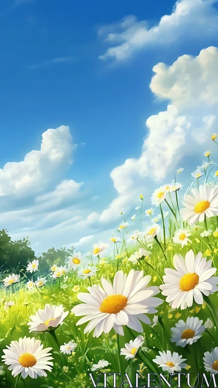 Sunlit daisy meadow dreaming beneath a sweeping summer sky.