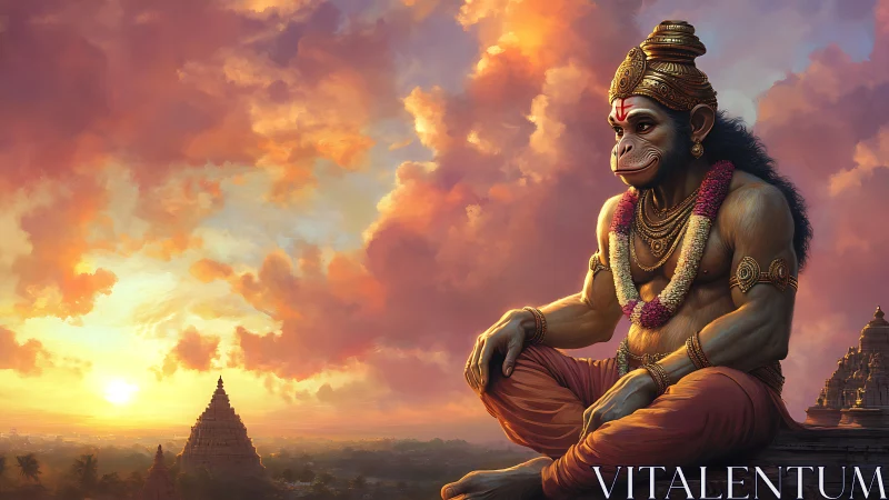Sunset serenity of a divine monkey guardian above temples.